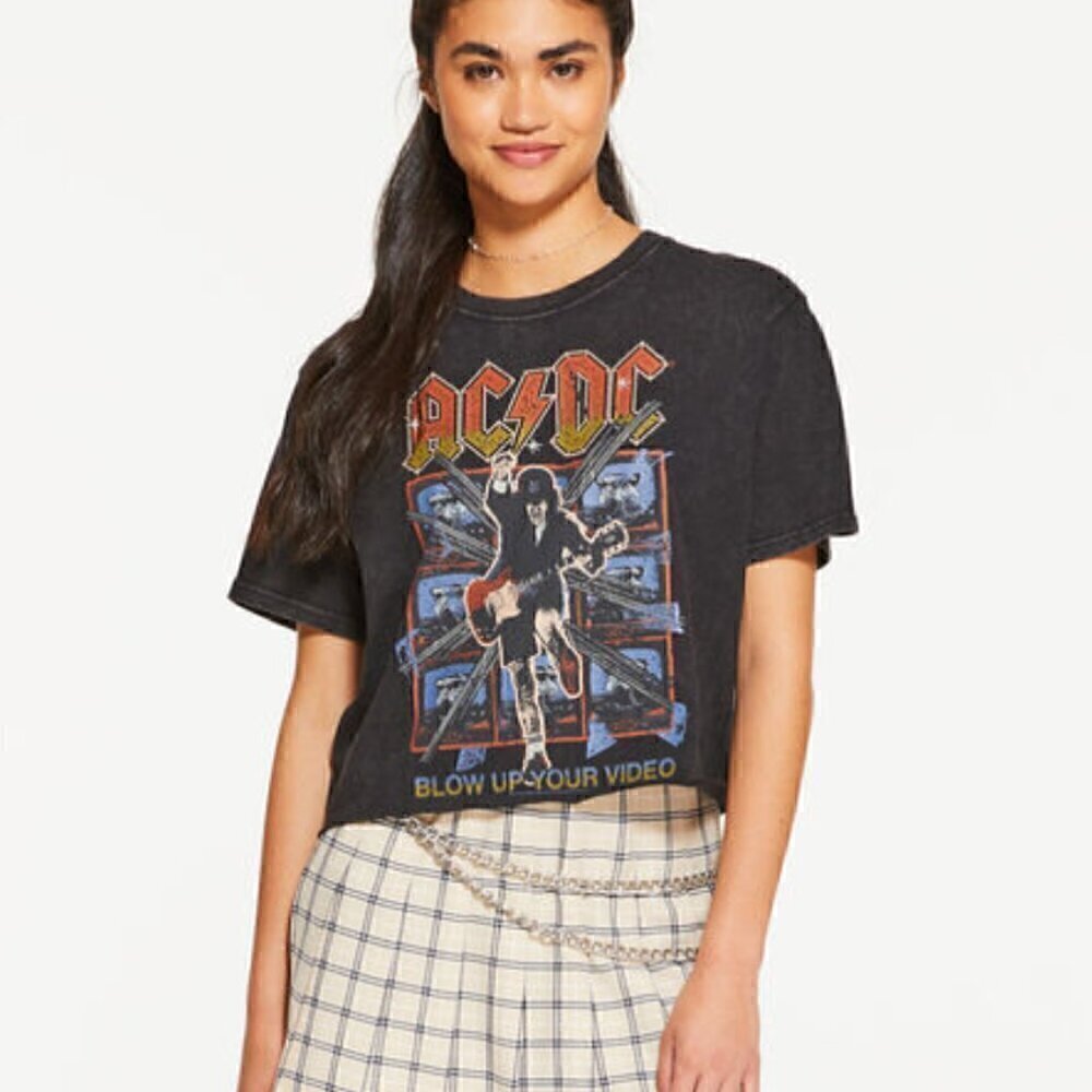 AC/DC Blow Up Your Video Graphic Tee Cropped Rolled Hem Retro Gray Size M/L